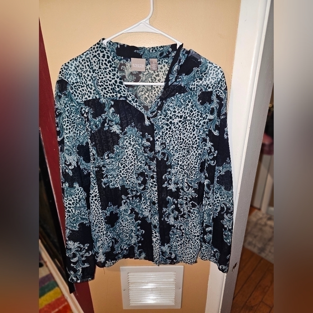 CHICO's Semi-Sheer Blouse  SZ 3 Teal/Blue.